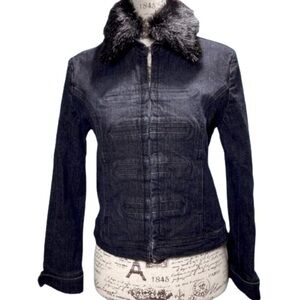 INC International Concepts Black Denim Wash Jacket Faux Fur Collar Petite Small